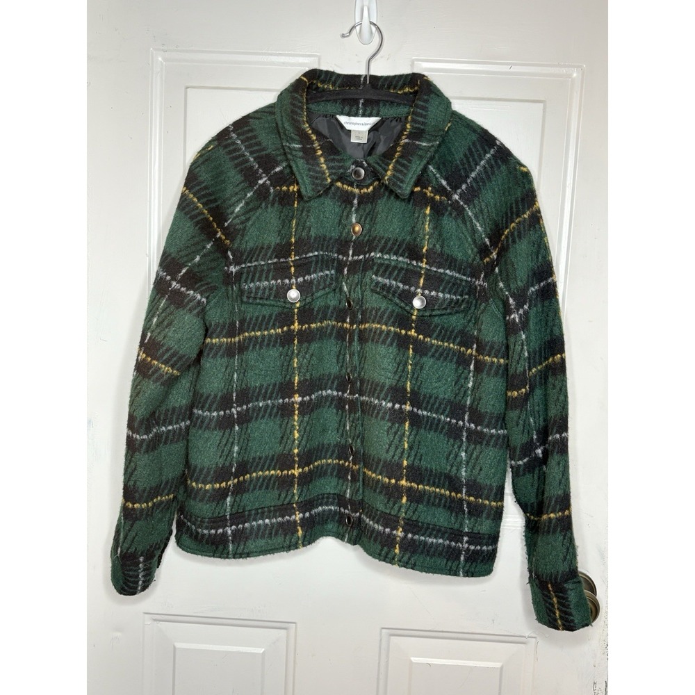 Women's L Green Plaid Shacket Shirt Jacket Wool Blend Snap Front Lined